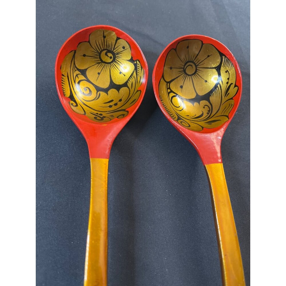 Russian Vintage Wooden Spoons Folk Art Hand Painted Set of 2 - Picture 3 of 5